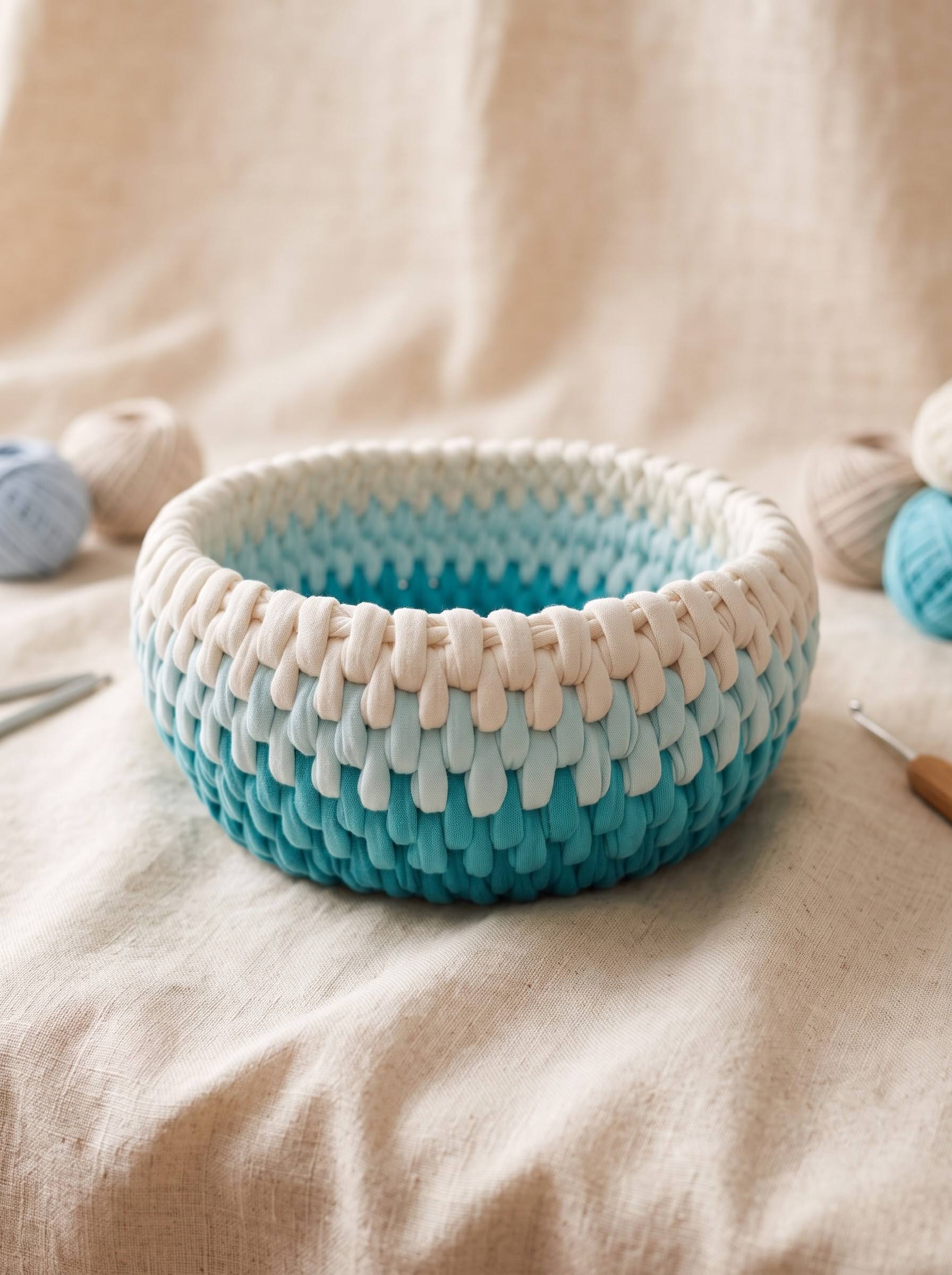 Cestino in fettuccia di cotone color turchese, azzurro e panna lavorato all'uncinetto